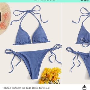 Blue ribbed triangle bikini set